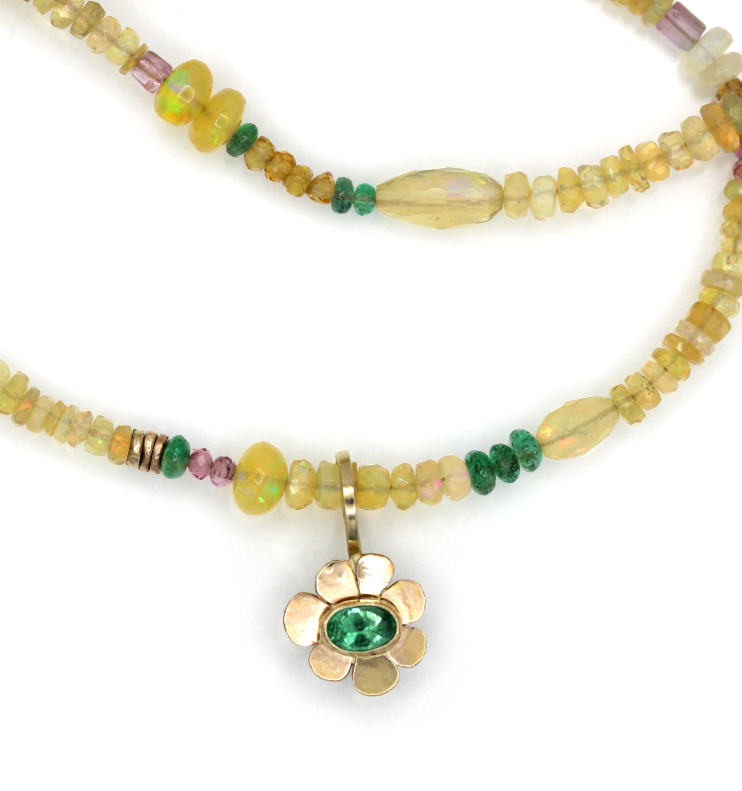 14K Opal and Emerald Sunshine and Rainbows Necklace, One of a Kind