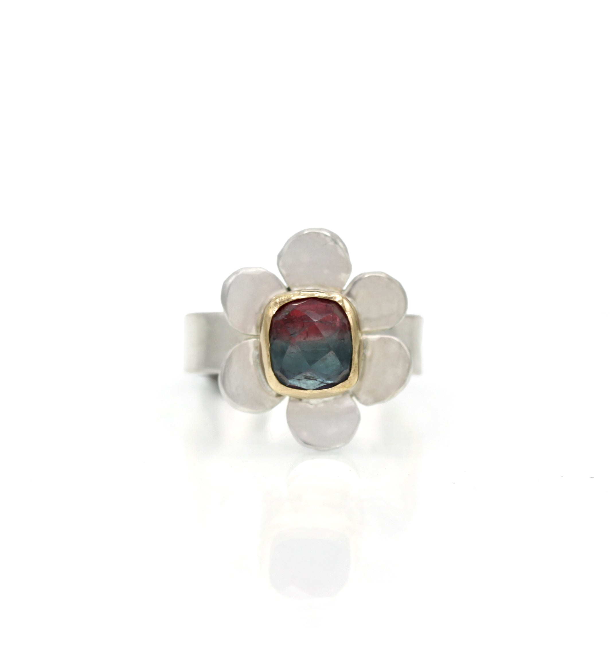 Bicolor Tourmaline Flower Ring, Sterling and 14K Pink and Blue Tourmaline Flower Ring, One of a Kind