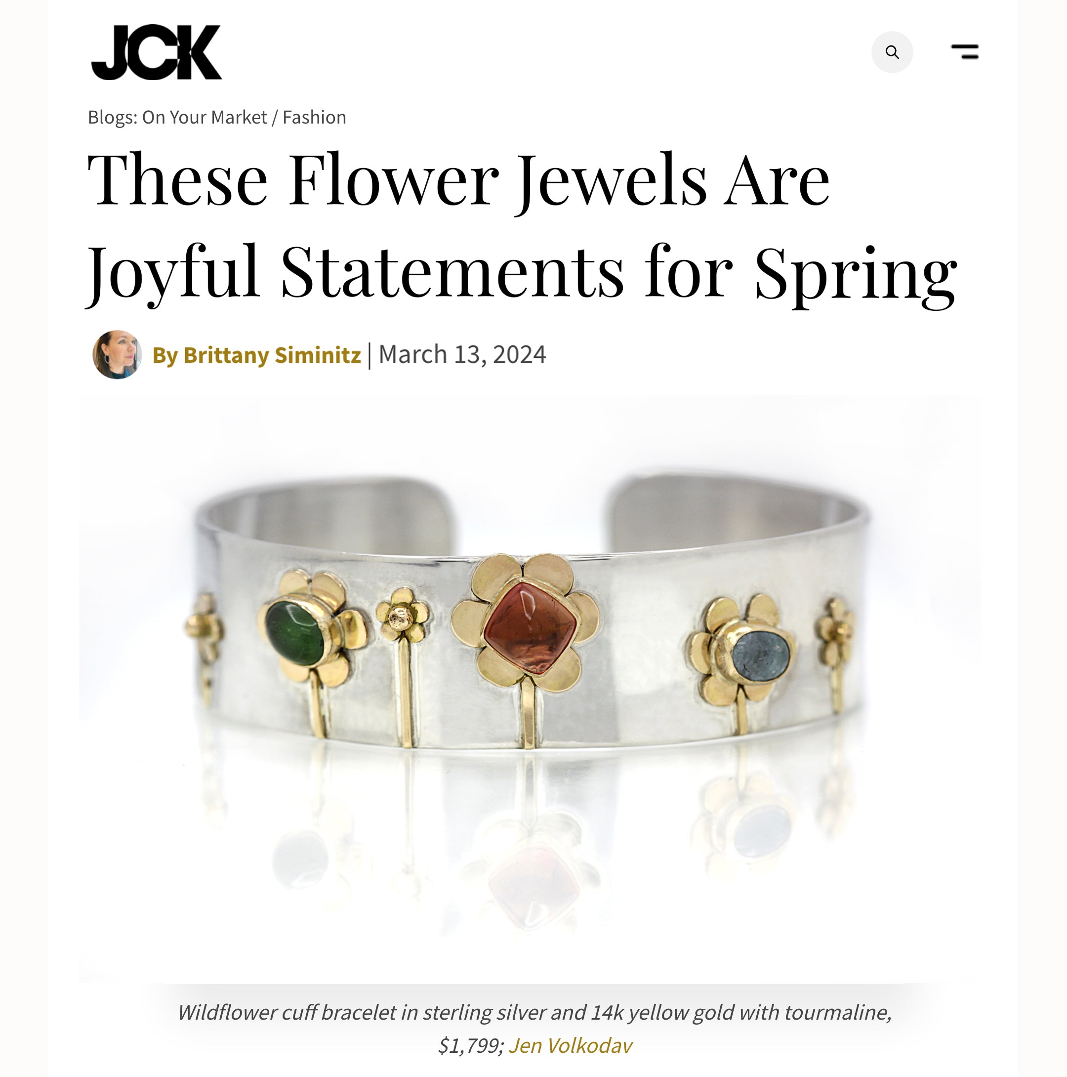 Tourmaline floral bracelet, Sterling Silver and 14K Flower Cuff Bracelet