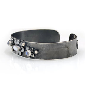 Opal Moonstone Bracelet, Flower Cuff Bracelet, Sterling Silver, One of a kind