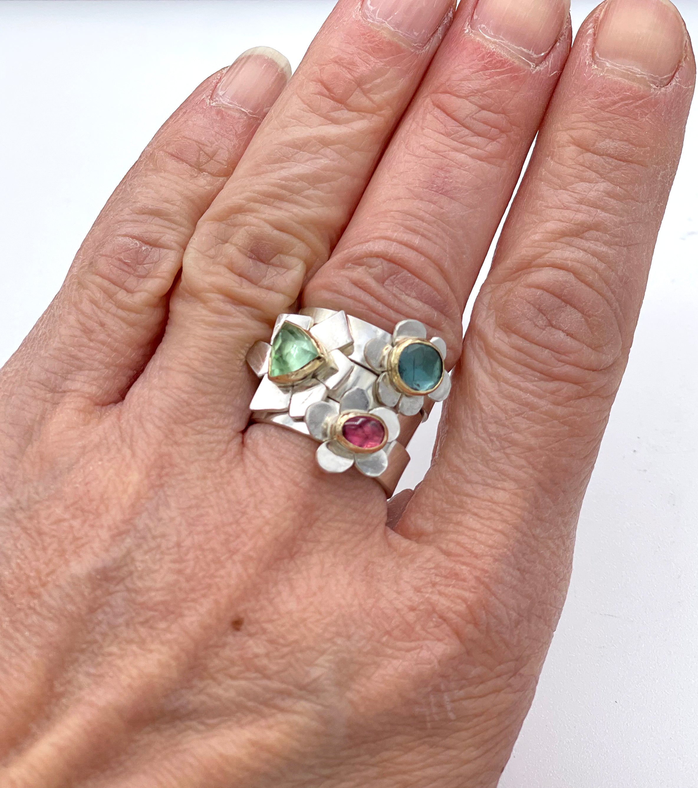 Tourmaline Flower Ring, Sterling and 14K Green Tourmaline Flower Ring, One of a Kind