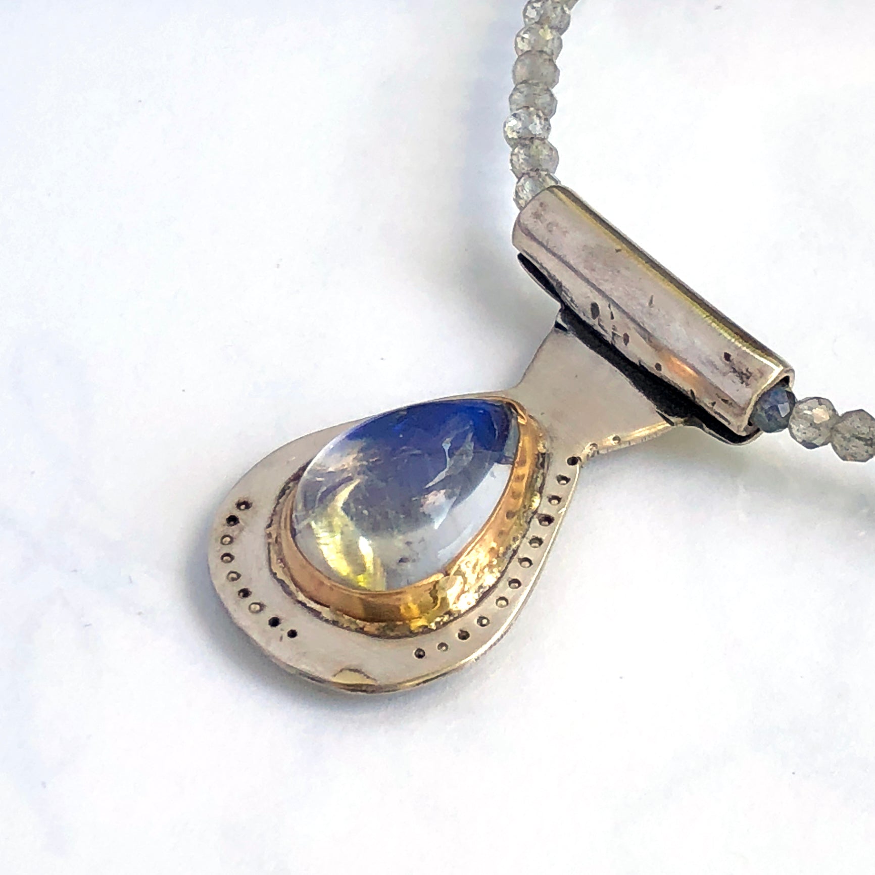14K Moonstone Necklace, Blue Moonstone Pendant, Solid Gold, Fine Silver