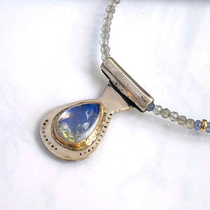 14K Moonstone Necklace, Blue Moonstone Pendant, Solid Gold, Fine Silver