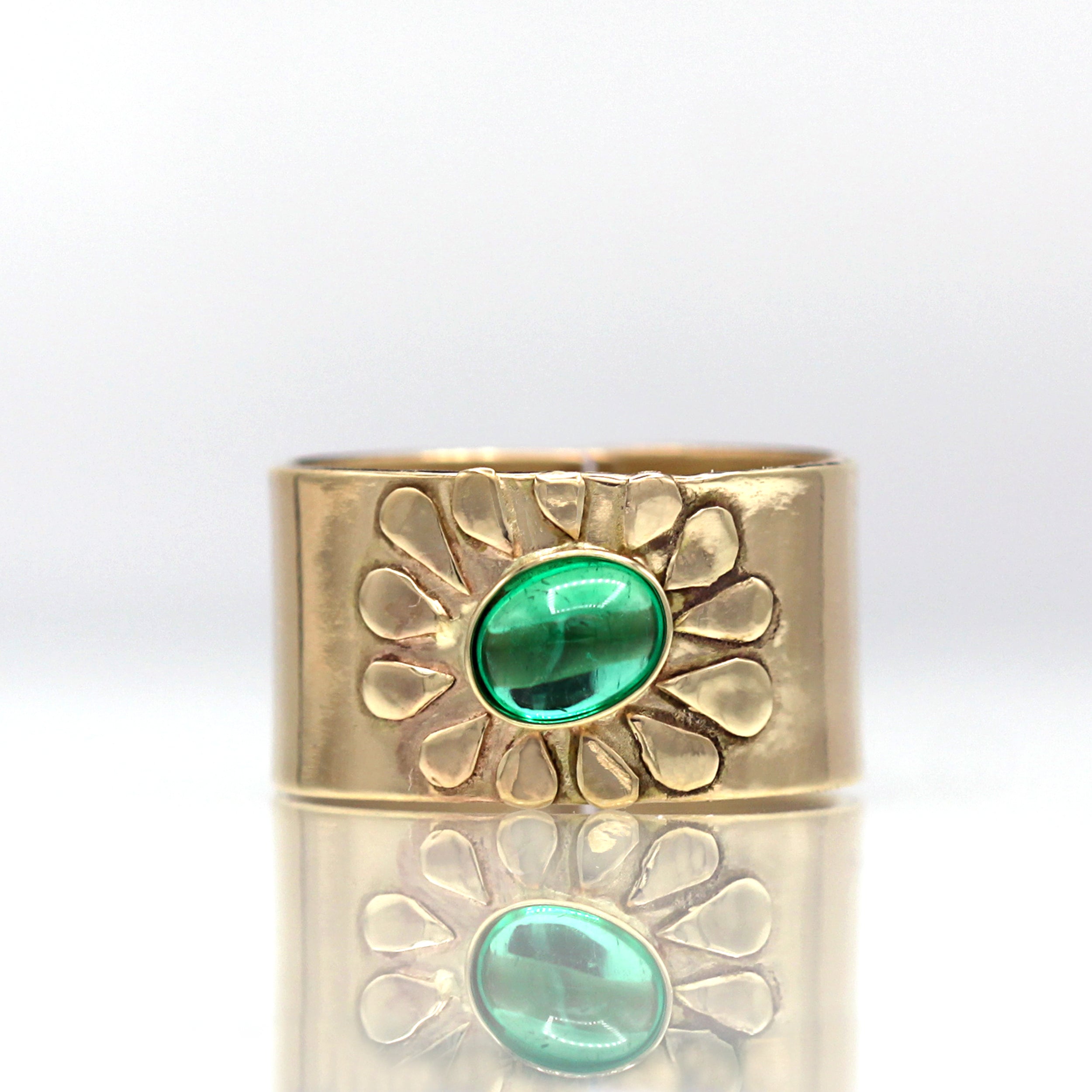 14K Emerald Ring, Wide Band Ring, Emerald Flower Ring, Columbian Emerald