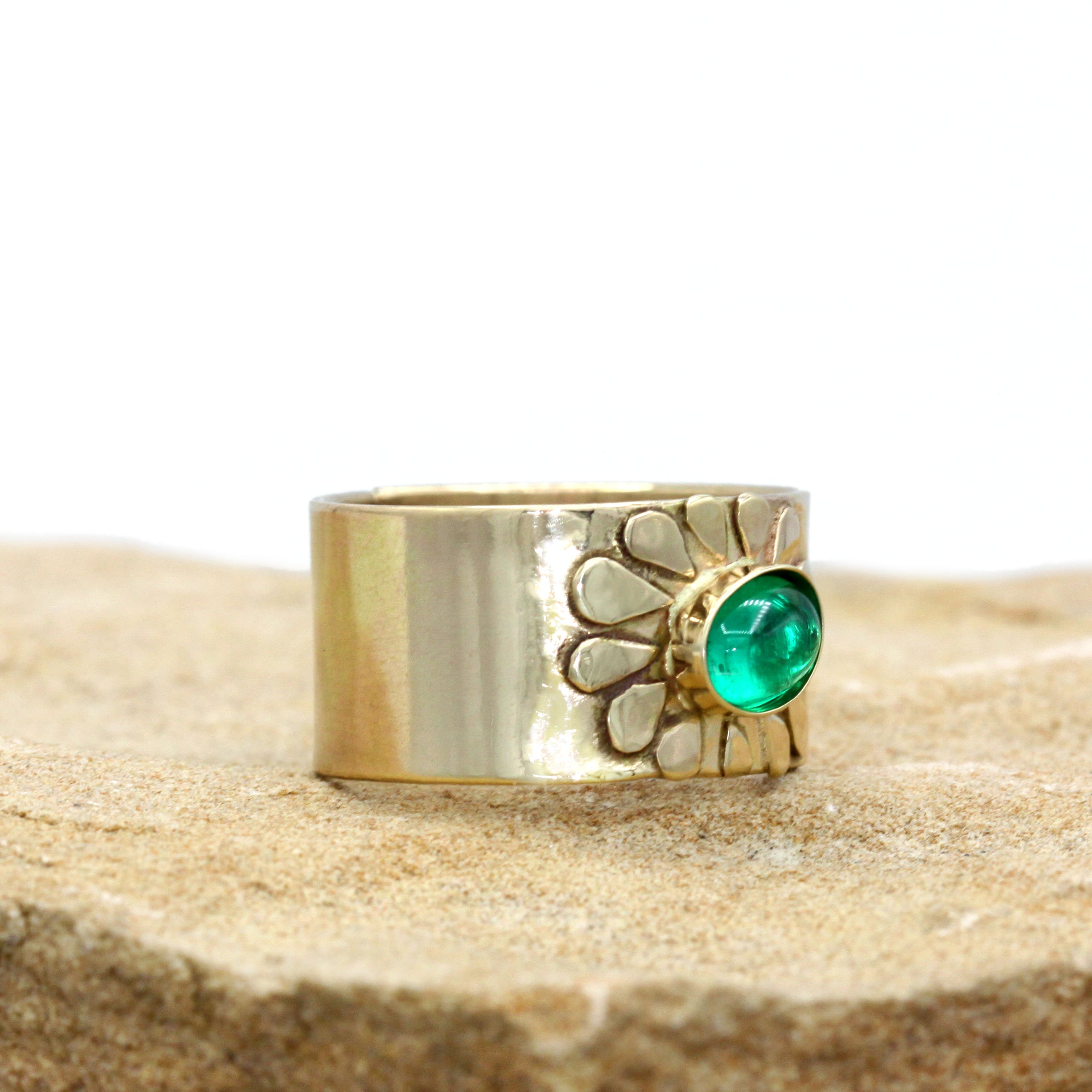 14K Emerald Ring, Wide Band Ring, Emerald Flower Ring, Columbian Emerald