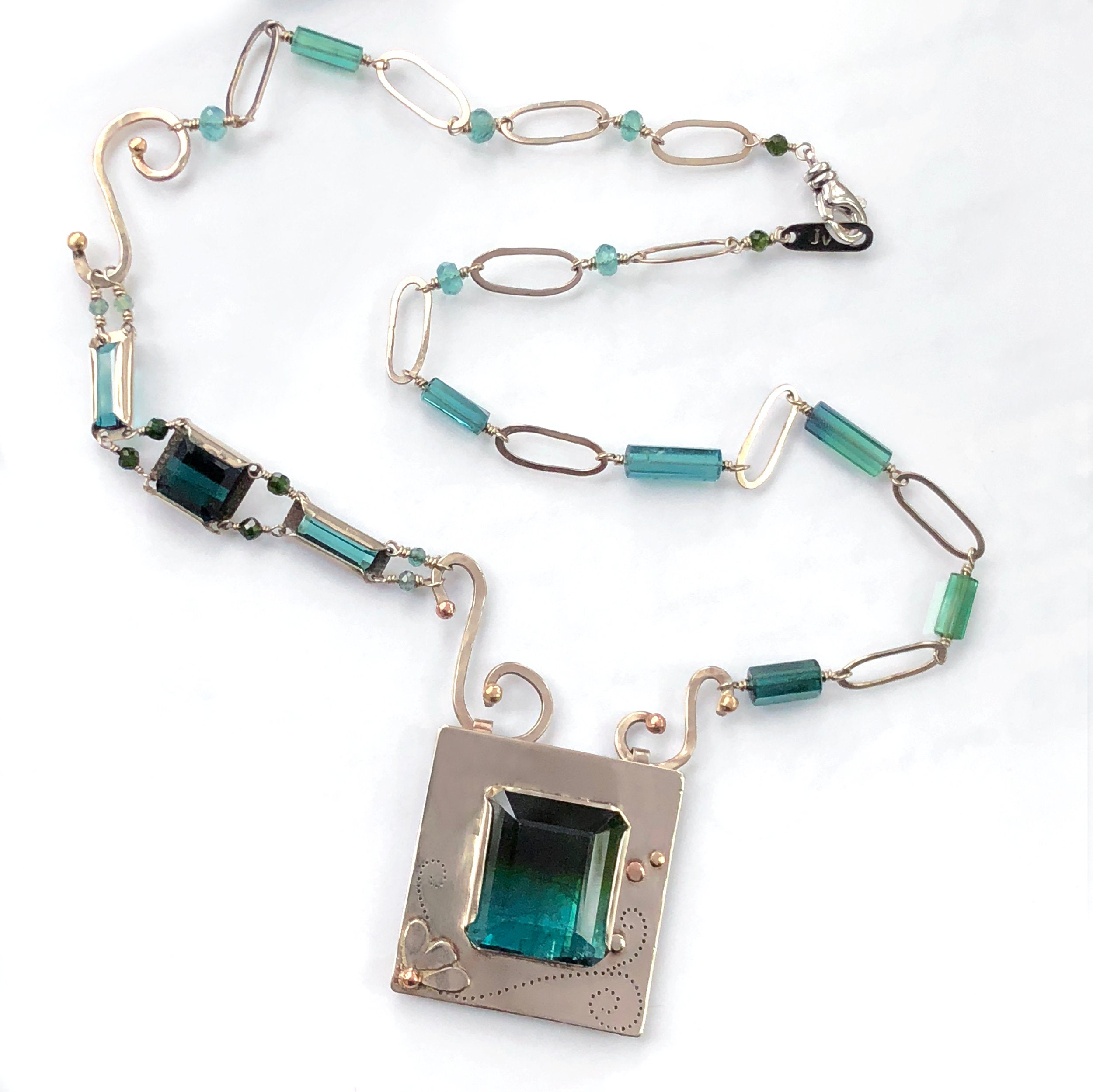 14K Bicolor Tourmaline Necklace, White Gold, One of a Kind Jewelry