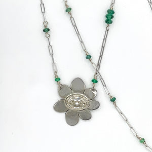 14K Diamond Flower Necklace, 1 ct GIA Diamond Solid White gold and Emerald