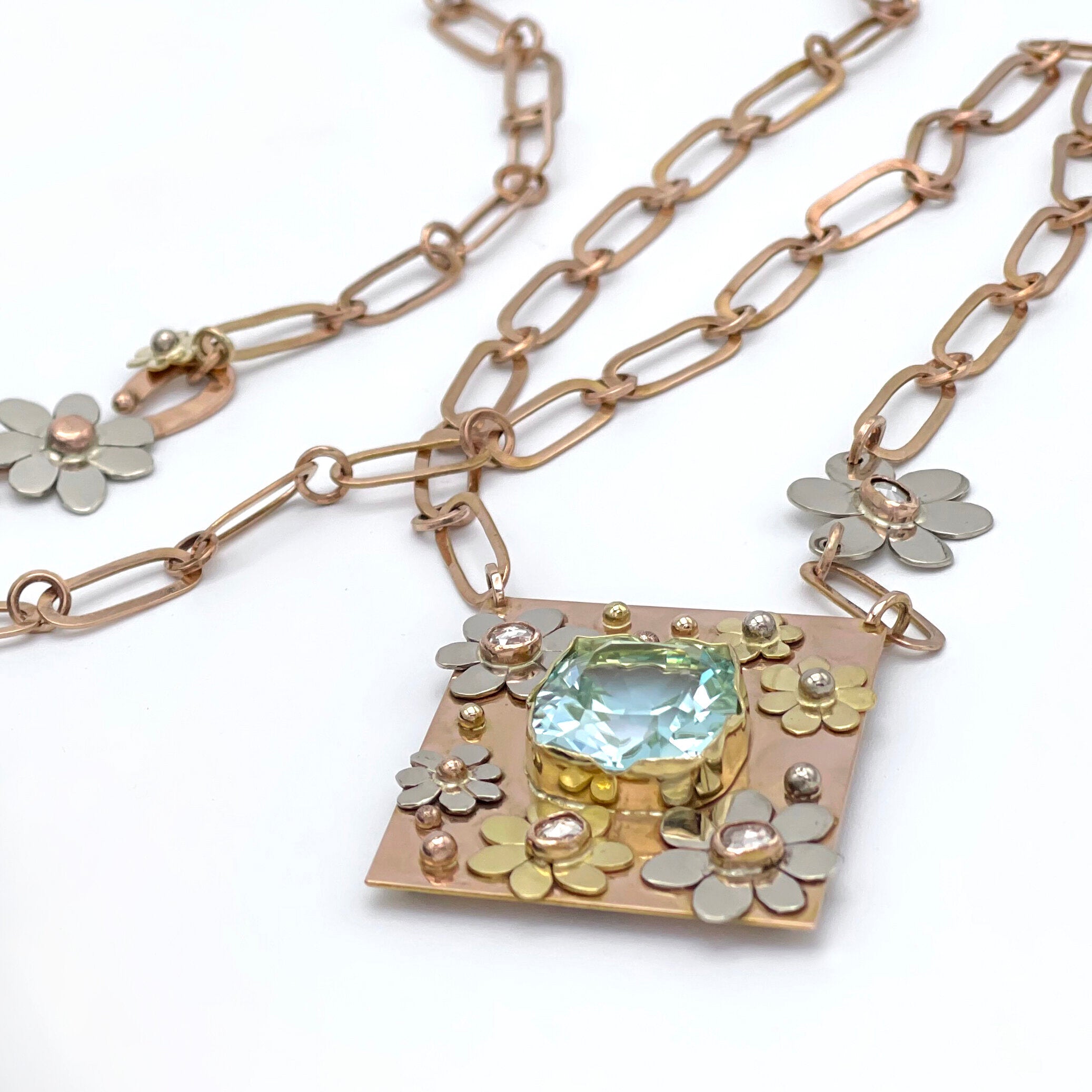 14K Paraiba Tourmaline Necklace, Solid Rose Gold with Diamond Floral Accents
