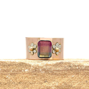 14K Blue Pink Tourmaline Ring, Wide Ring, Solid Rose Gold, One of a kind