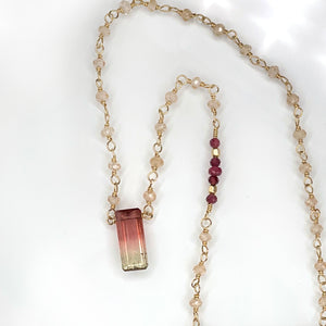 Pink Peach Bicolor Tourmaline Necklace with Zircon Chain, Gold Filled