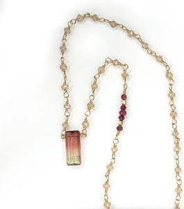 Pink Peach Bicolor Tourmaline Necklace with Zircon Chain, Gold Filled