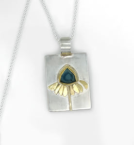 Blue Echinacea Daisy Tourmaline Slice Flower Pendant Necklace in 18K solid gold and Sterling silver, One of a Kind!