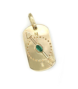 14K Emerald Arrow Pendant, Solid Gold Arrow Dog Tag Charm, One of a Kind