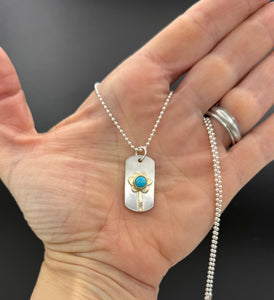 Turquoise Flower Dog Tag Pendant Necklace, 14K Solid Gold and Sterling Silver