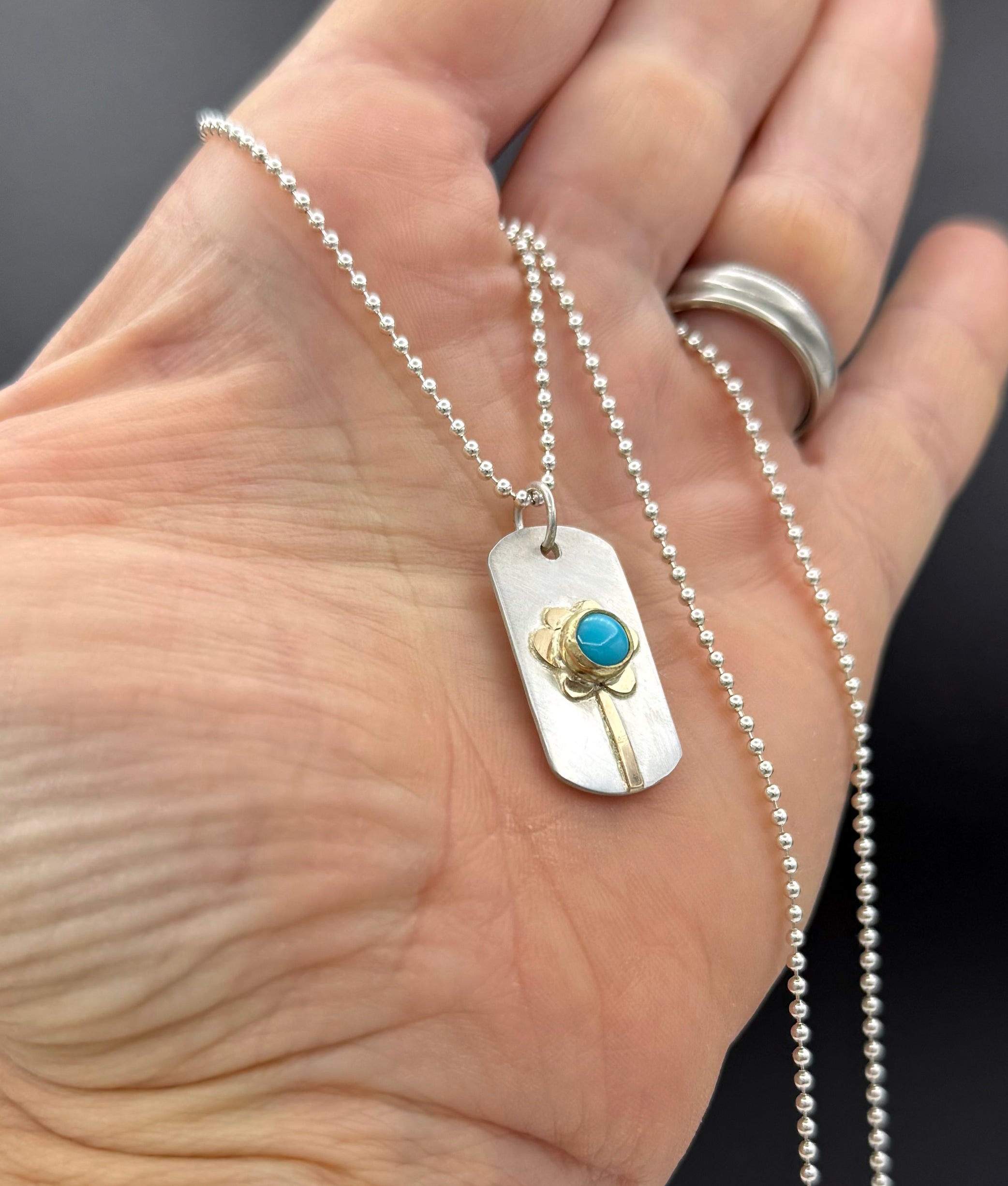 Turquoise Flower Dog Tag Pendant Necklace, 14K Solid Gold and Sterling Silver