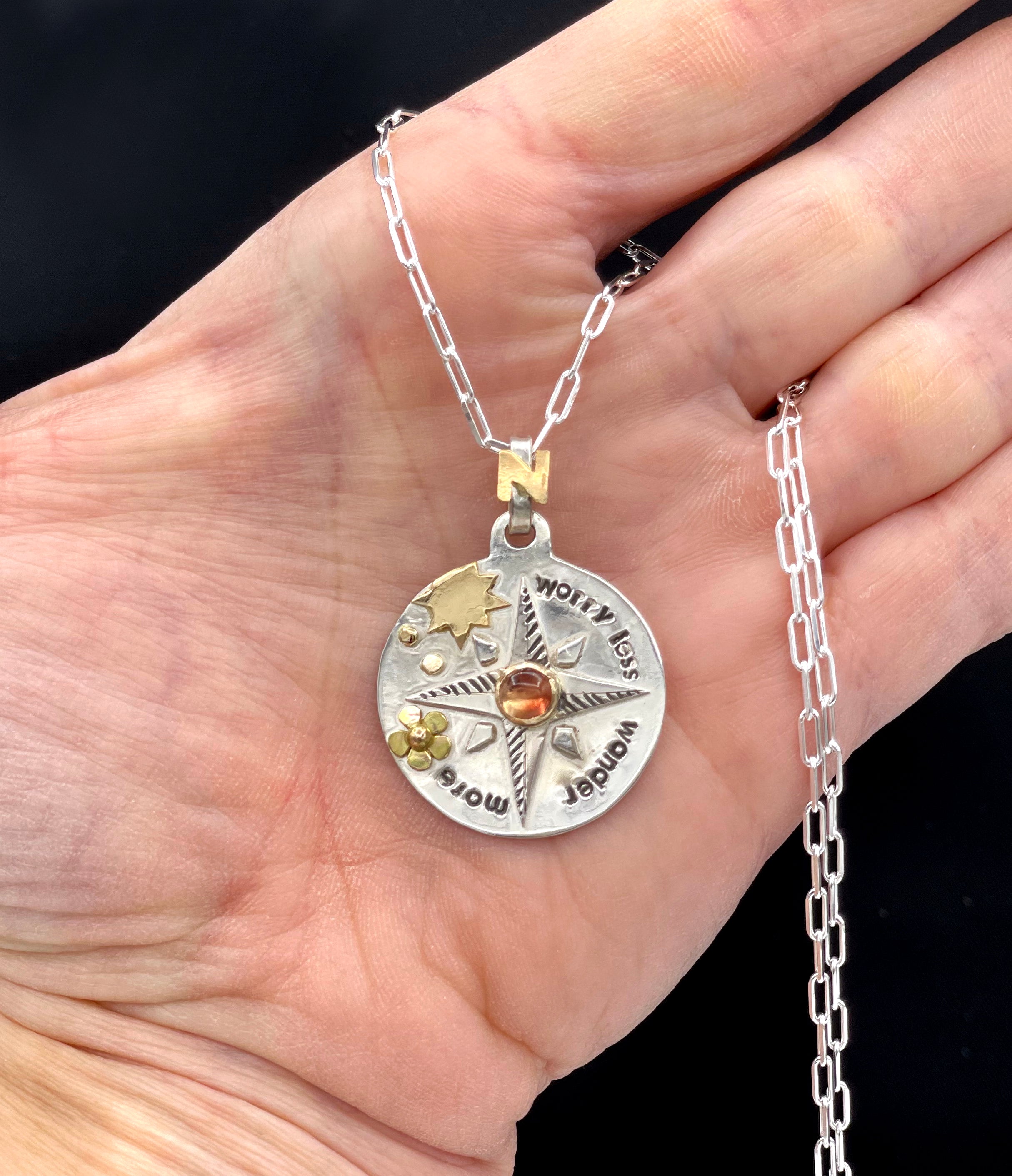 Compass Rose Pendant with Sunstone, Handmade, one of a kind