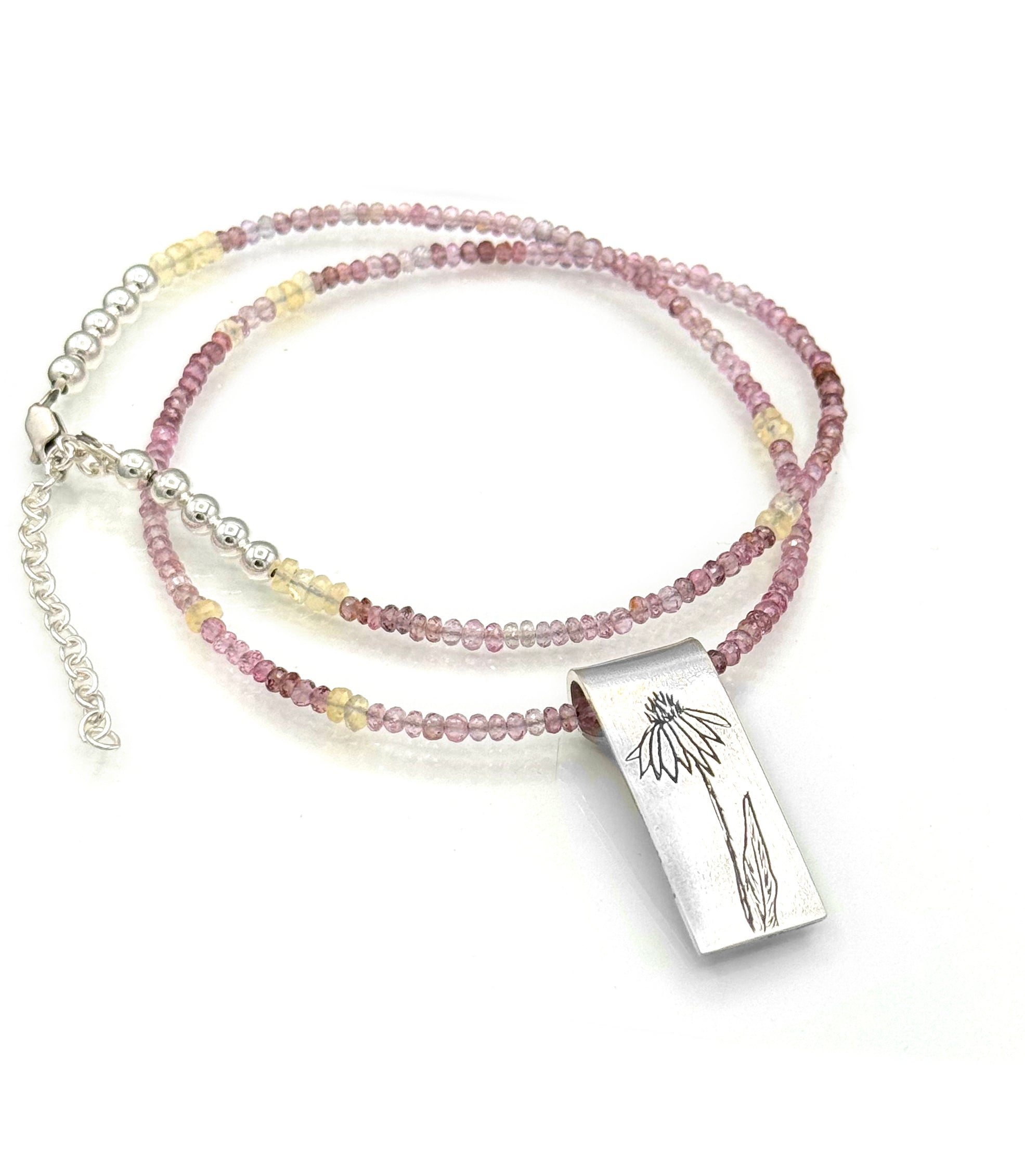Coneflower Necklace in Fine Silver, with Pink Spinel and Opal Chain, One of a Kind