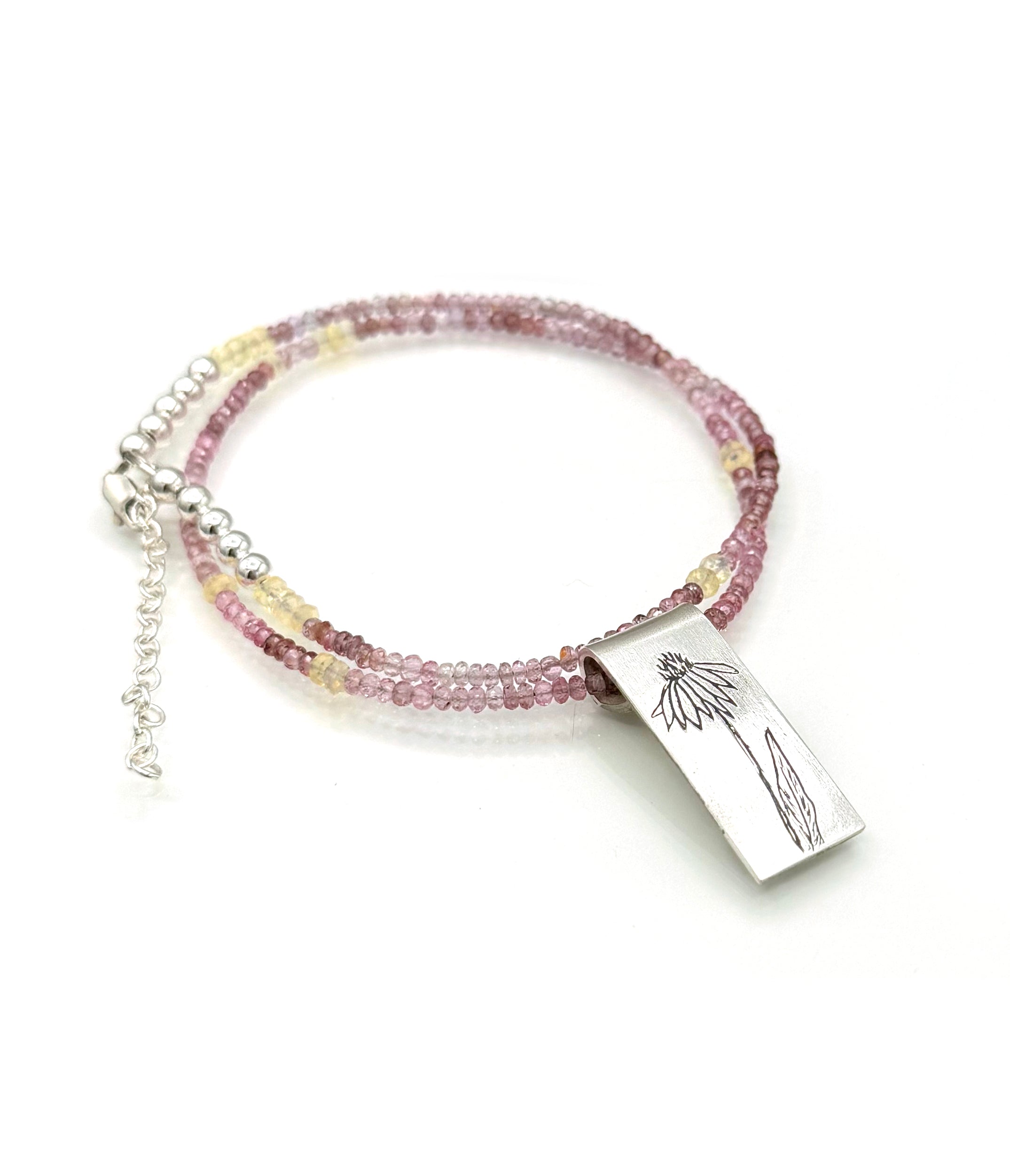 Coneflower Necklace in Fine Silver, with Pink Spinel and Opal Chain, One of a Kind