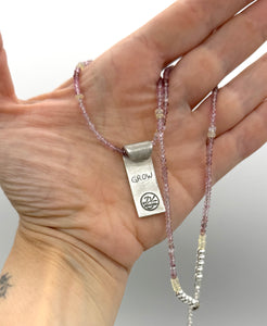Coneflower Necklace in Fine Silver, with Pink Spinel and Opal Chain, One of a Kind