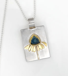 Blue Echinacea Daisy Tourmaline Slice Flower Pendant Necklace in 18K solid gold and Sterling silver, One of a Kind!