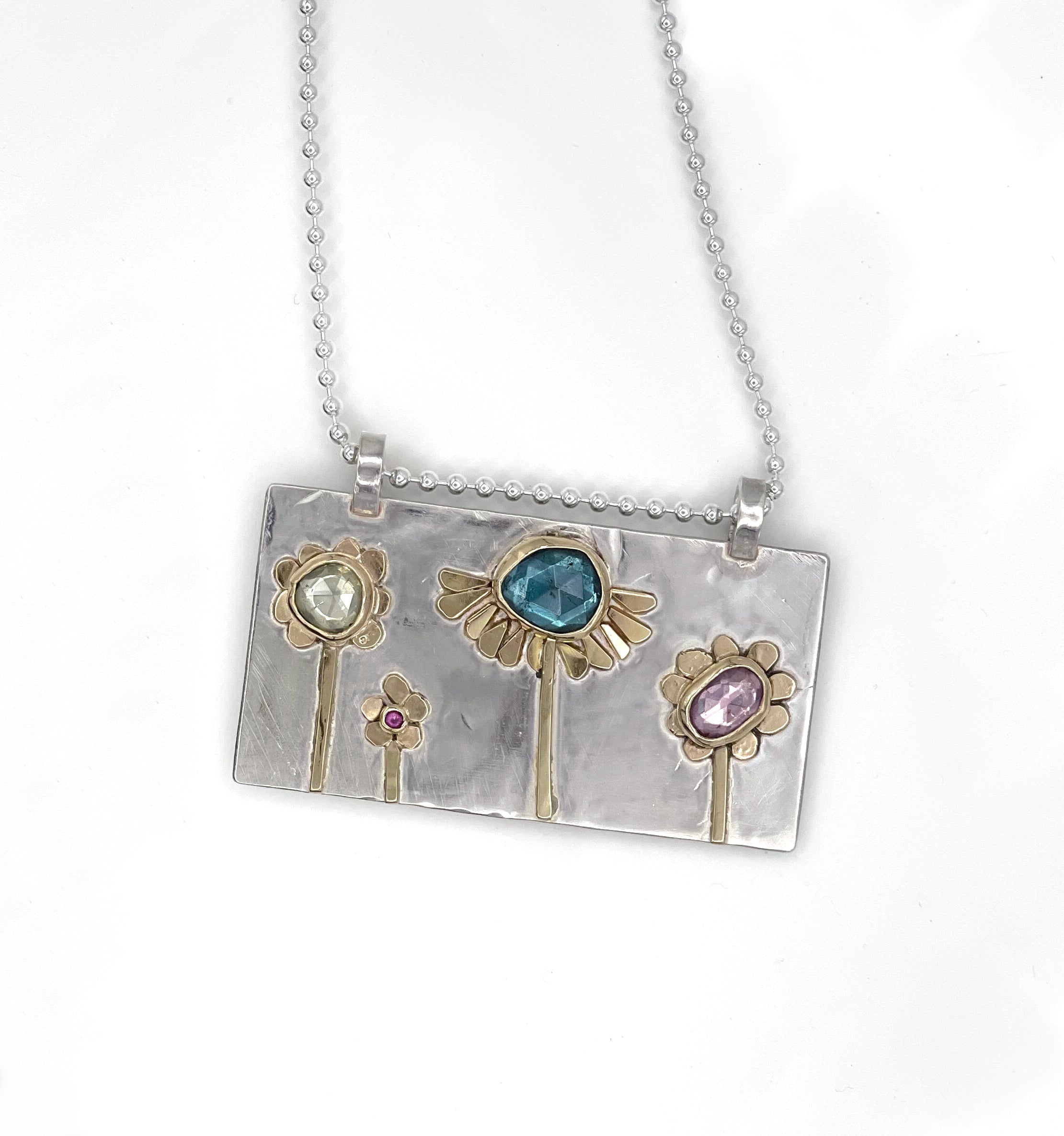 Flower Necklace, Tourmaline, Sapphire and Ruby Flower Garden Pendant, Sterling Silver and 14K, One of a kind