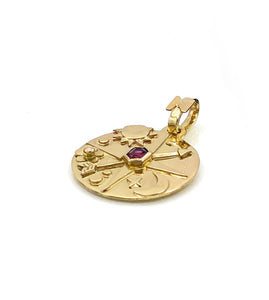 14K Compass Rose Pendant with Sapphire, Handmade, one of a kind