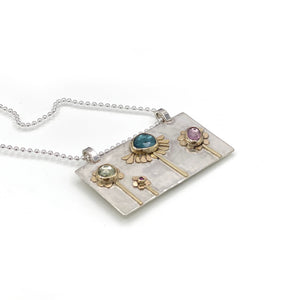 Flower Necklace, Tourmaline, Sapphire and Ruby Flower Garden Pendant, Sterling Silver and 14K, One of a kind