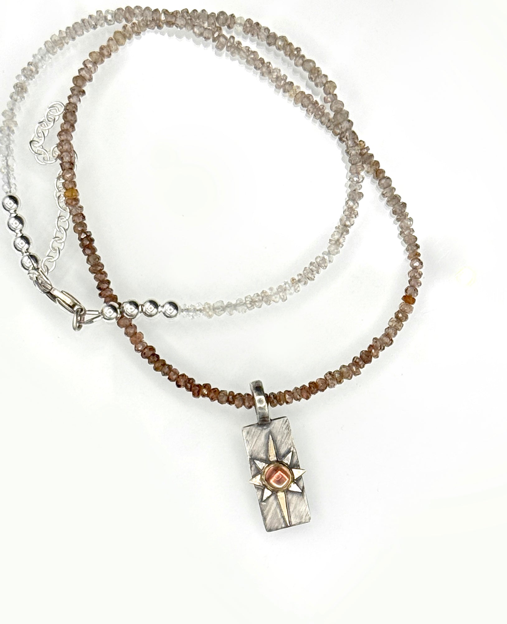 And Still I Rise Sunstone Pendant in Sterling Silver and 14K, with Zircon Chain, One of a Kind