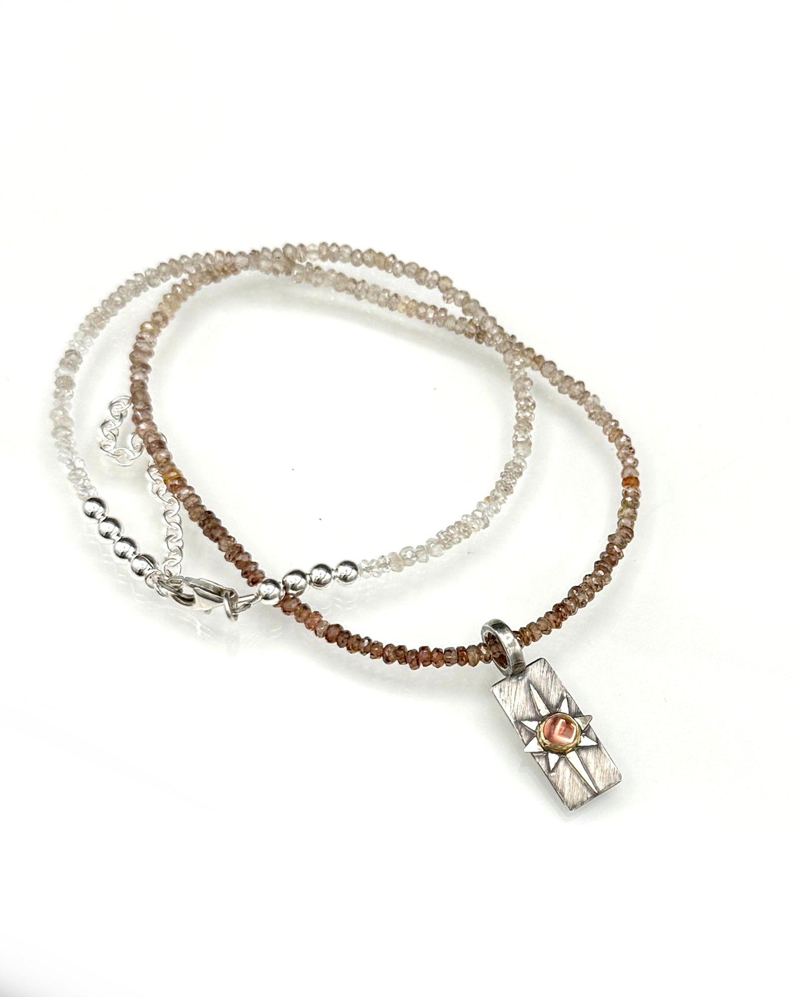 And Still I Rise Sunstone Pendant in Sterling Silver and 14K, with Zircon Chain, One of a Kind