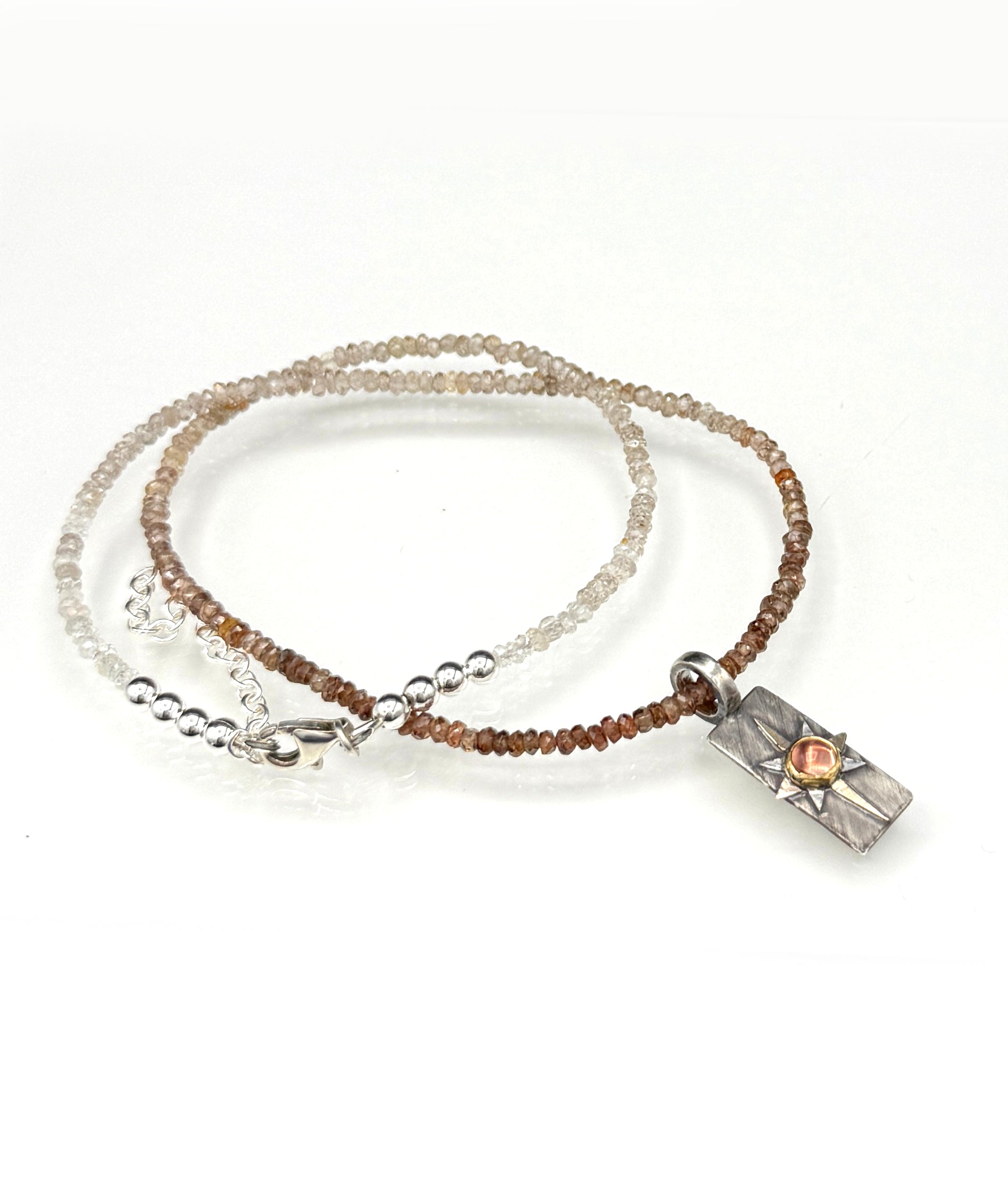 And Still I Rise Sunstone Pendant in Sterling Silver and 14K, with Zircon Chain, One of a Kind
