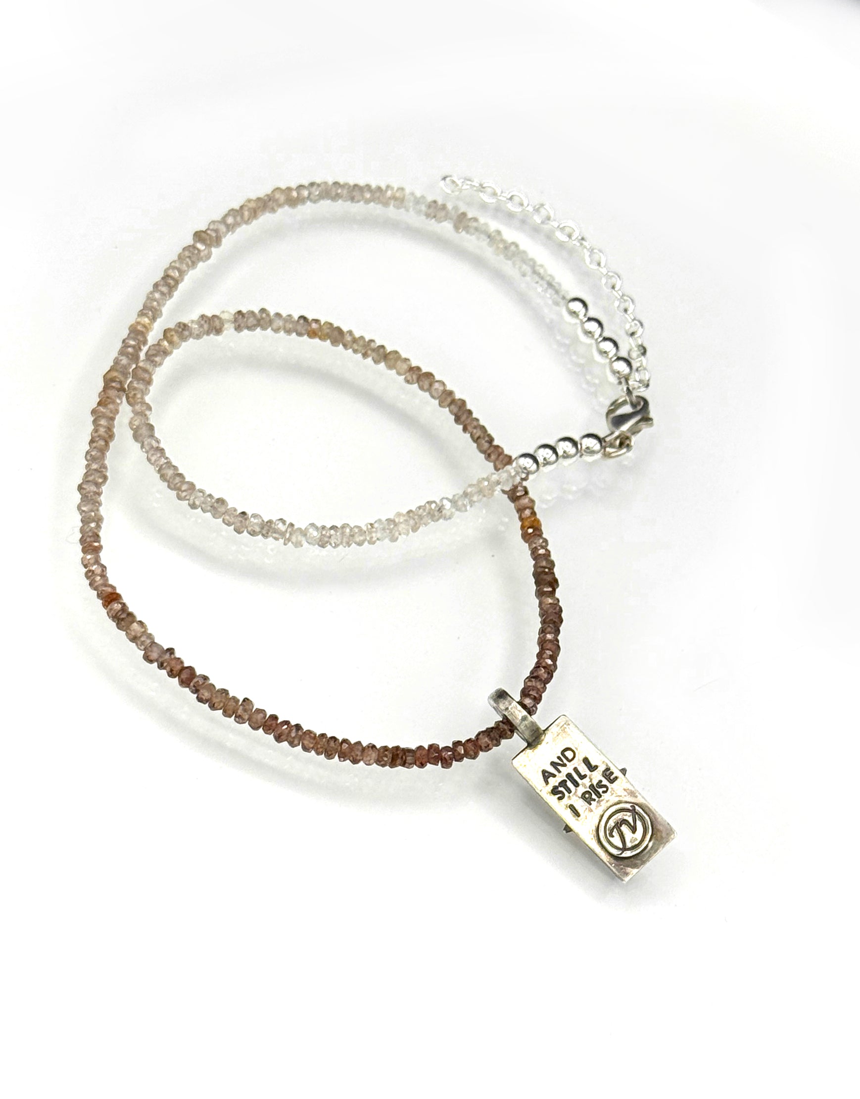 And Still I Rise Sunstone Pendant in Sterling Silver and 14K, with Zircon Chain, One of a Kind