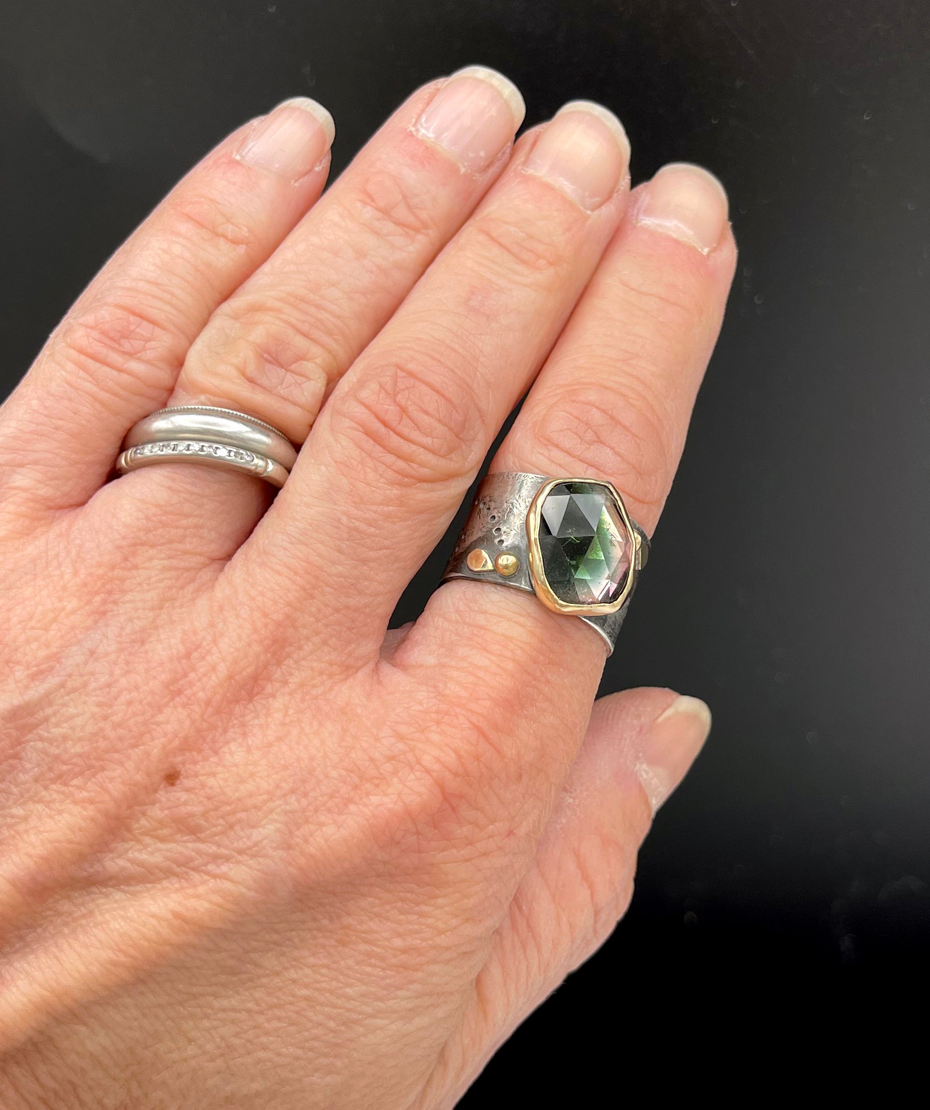 Bicolor Tourmaline Halle Ring, Wide Band 14K and Sterling Ring, One of a Kind