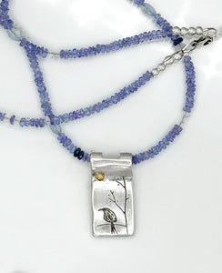 Tanzanite, Sapphire and Aquamarine Necklace in Sterling Silver, and Fine Silver and 22K Bird Pendant, One of a Kind