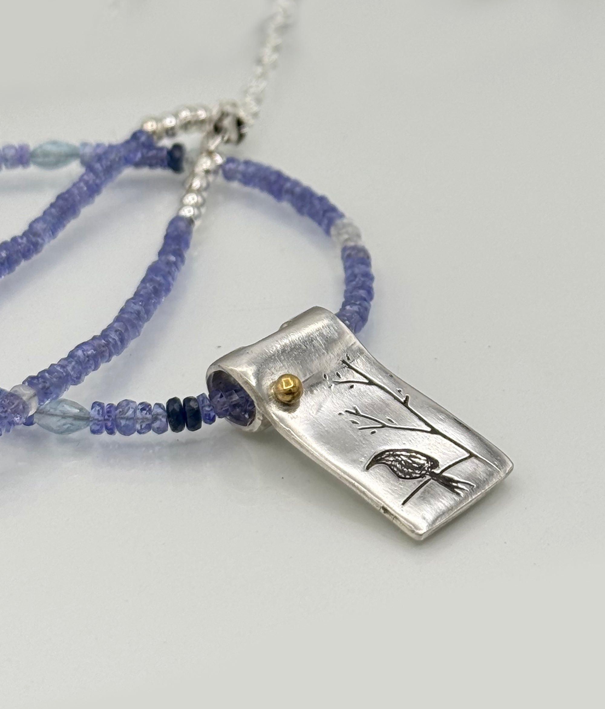 Tanzanite, Sapphire and Aquamarine Necklace in Sterling Silver, and Fine Silver and 22K Bird Pendant, One of a Kind