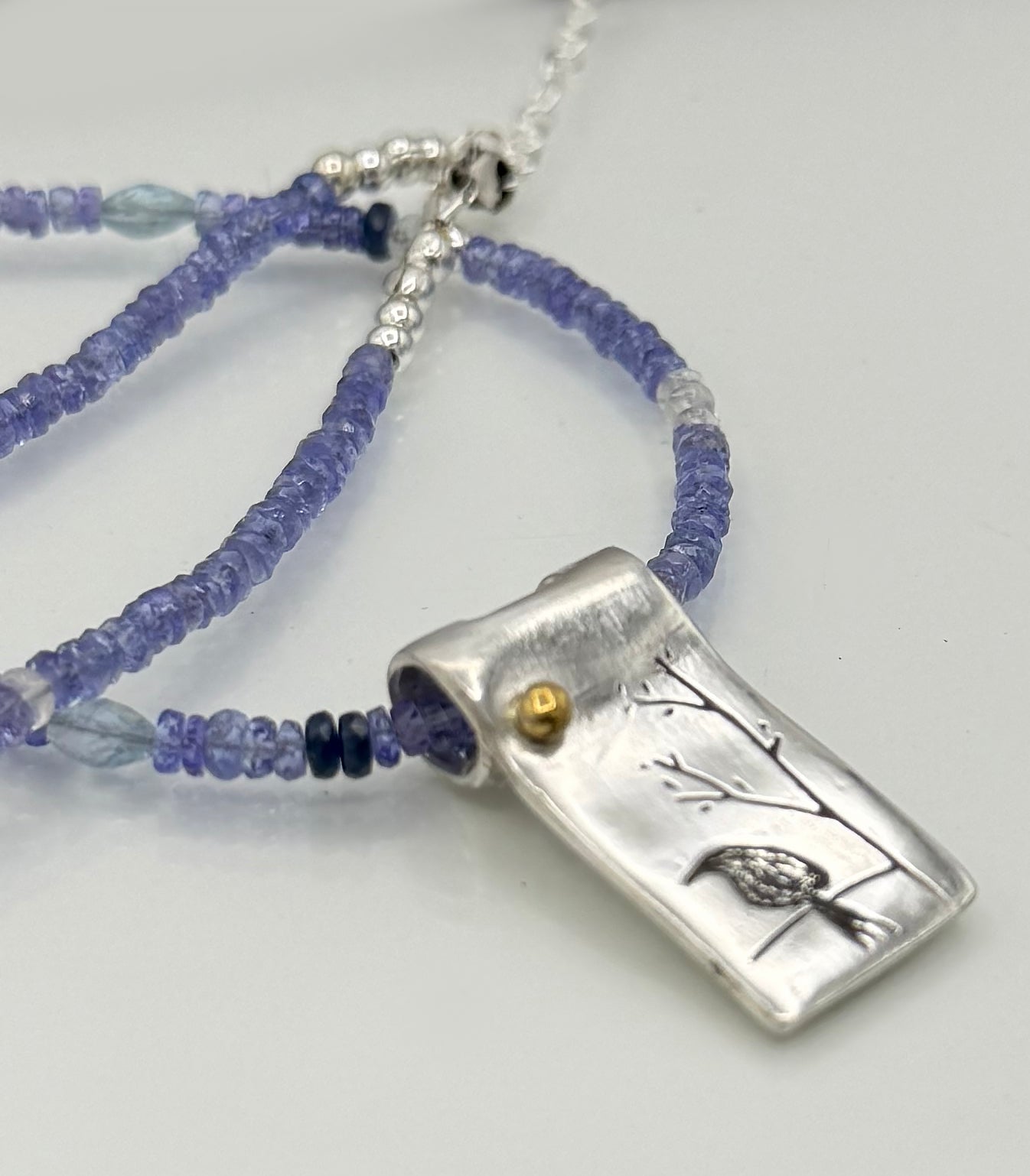 Tanzanite, Sapphire and Aquamarine Necklace in Sterling Silver, and Fine Silver and 22K Bird Pendant, One of a Kind