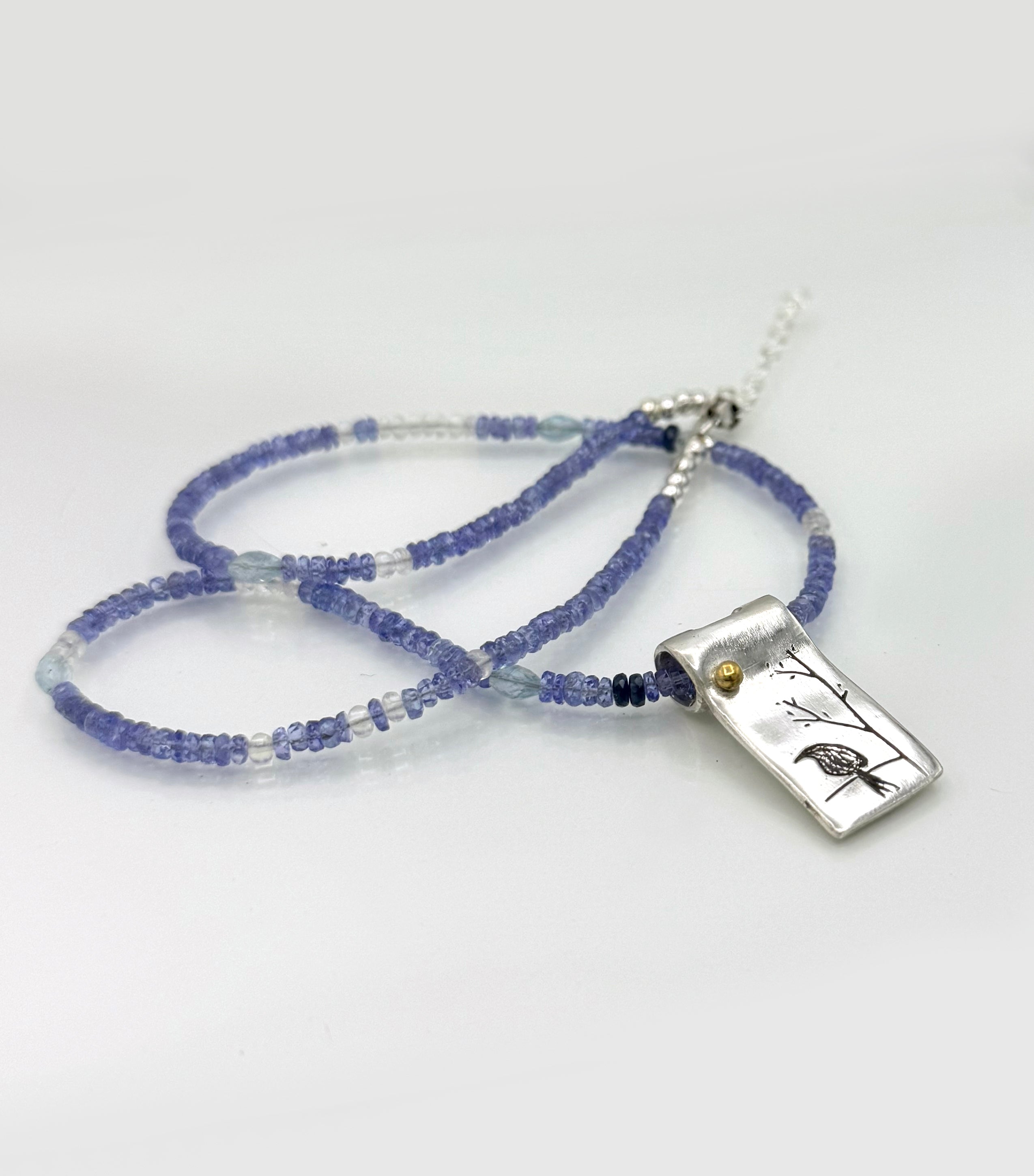 Tanzanite, Sapphire and Aquamarine Necklace in Sterling Silver, and Fine Silver and 22K Bird Pendant, One of a Kind