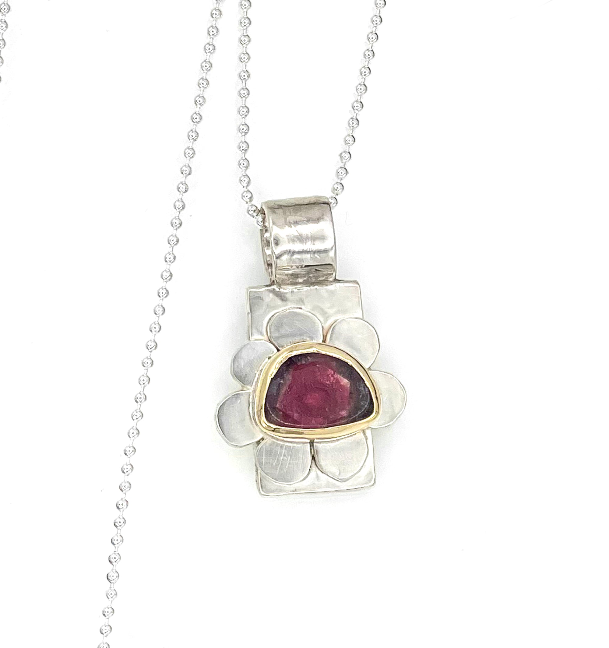 Blue and Pink Tourmaline Flower Pendant Necklace in Sterling Silver and 14K, One of a Kind