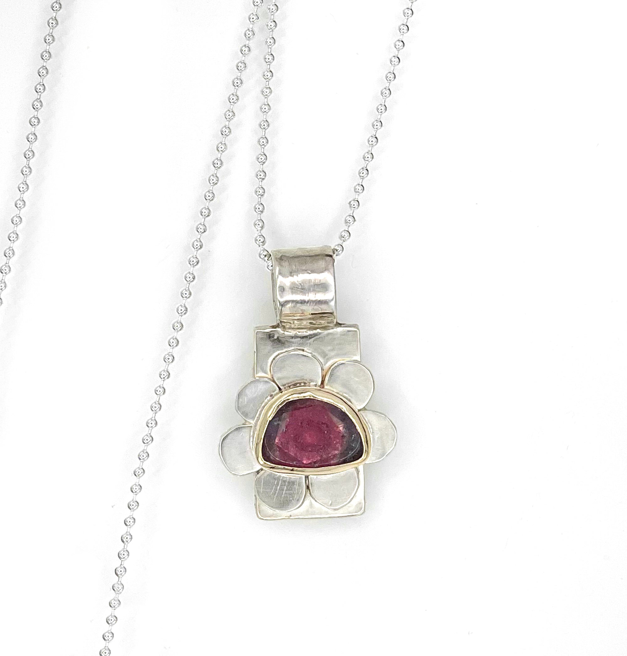 Blue and Pink Tourmaline Flower Pendant Necklace in Sterling Silver and 14K, One of a Kind