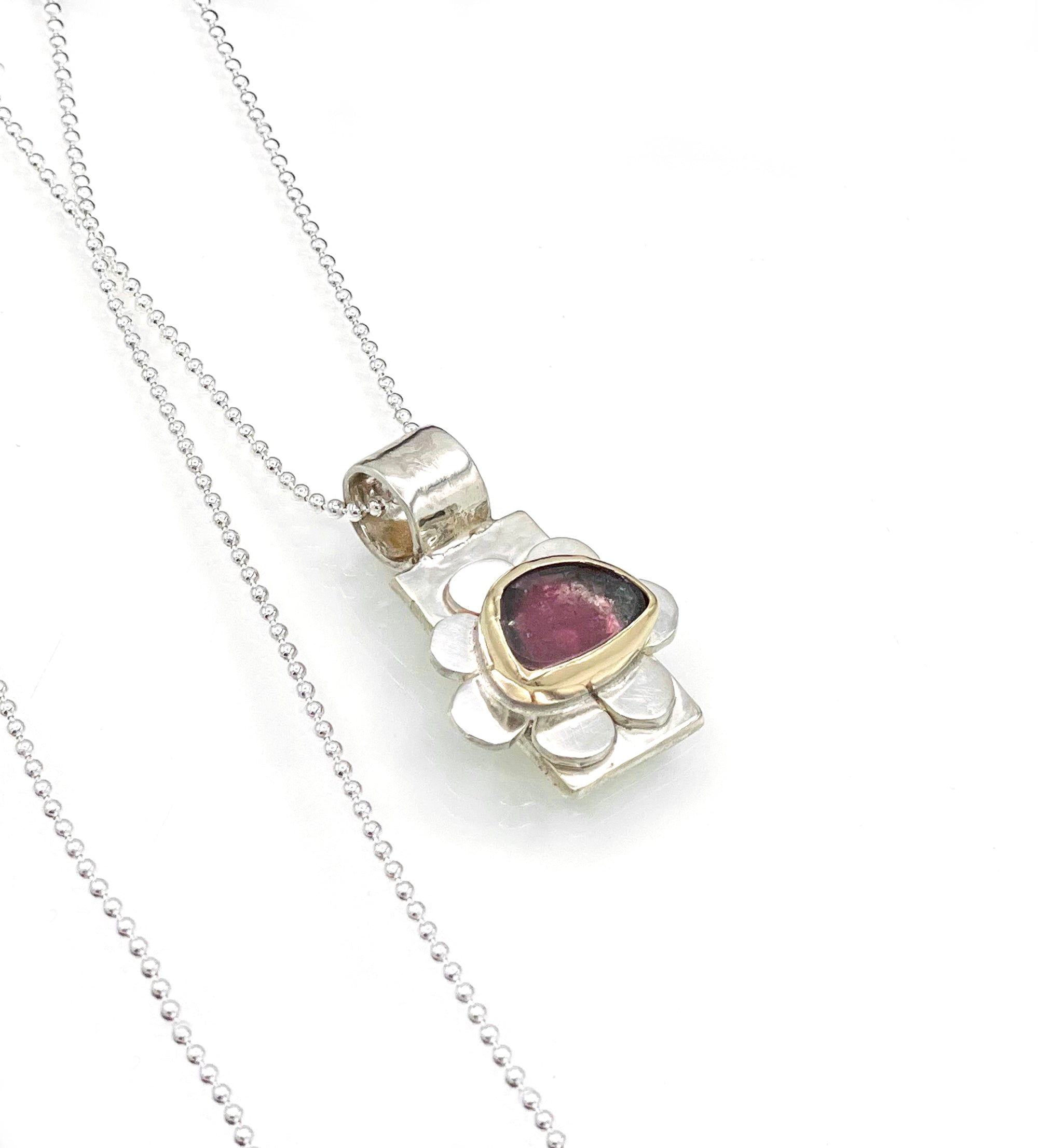 Blue and Pink Tourmaline Flower Pendant Necklace in Sterling Silver and 14K, One of a Kind