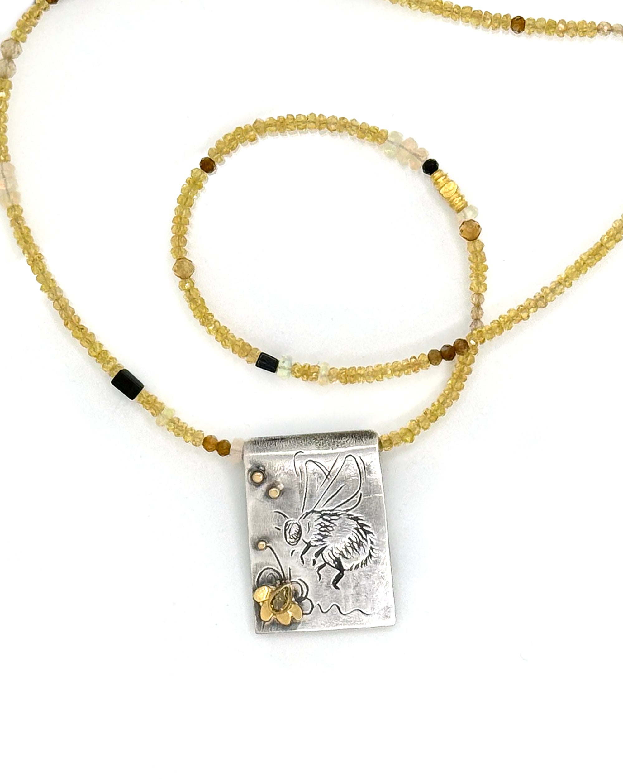 Bumblebee and Yellow Diamond Necklace in Fine Silver, and 14K Solid Gold, with Sapphire Chain, One of a Kind