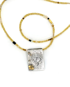 Bumblebee and Yellow Diamond Necklace in Fine Silver, and 14K Solid Gold, with Sapphire Chain, One of a Kind