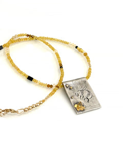 Bumblebee and Yellow Diamond Necklace in Fine Silver, and 14K Solid Gold, with Sapphire Chain, One of a Kind