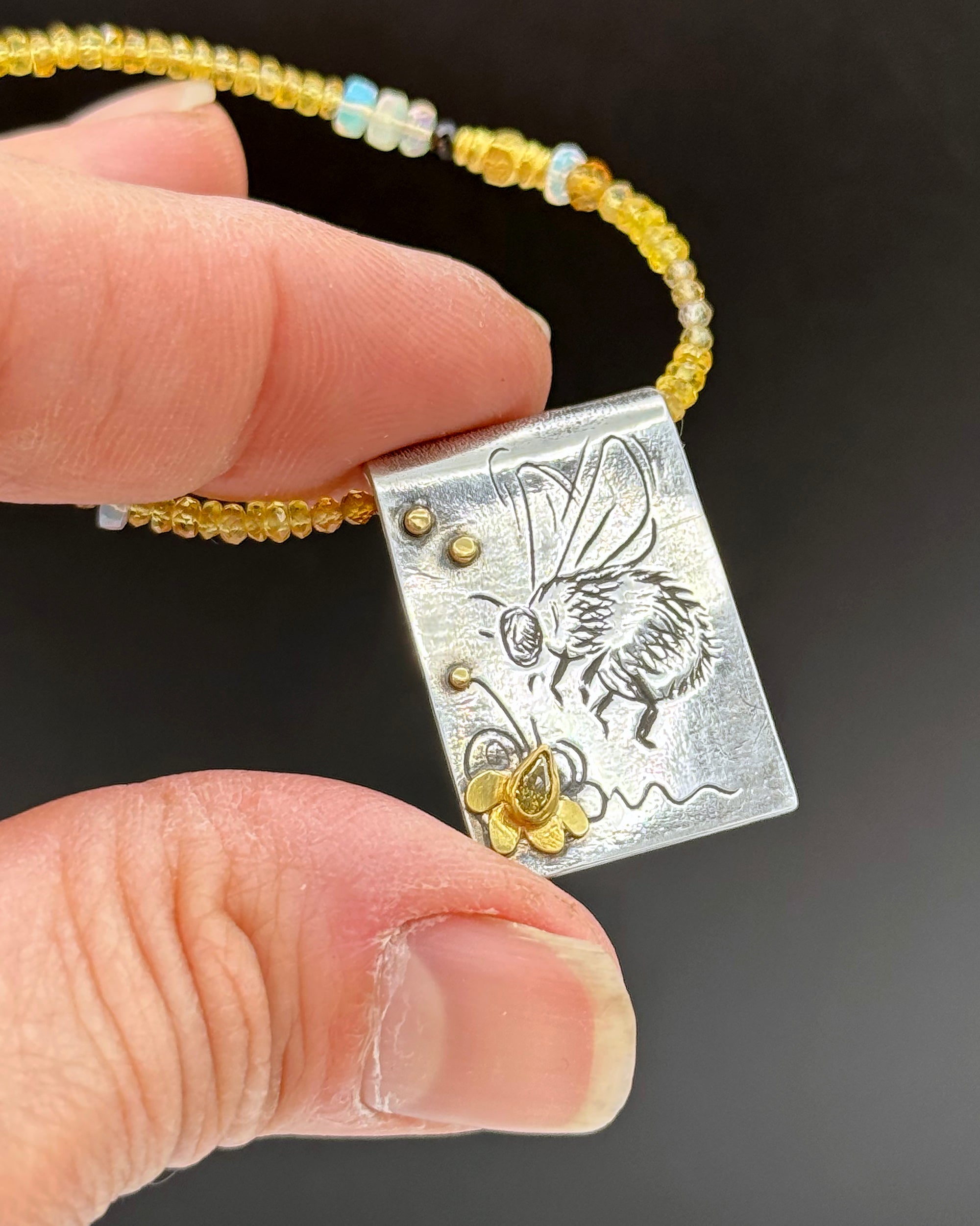 Bumblebee and Yellow Diamond Necklace in Fine Silver, and 14K Solid Gold, with Sapphire Chain, One of a Kind