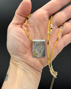 Bumblebee and Yellow Diamond Necklace in Fine Silver, and 14K Solid Gold, with Sapphire Chain, One of a Kind