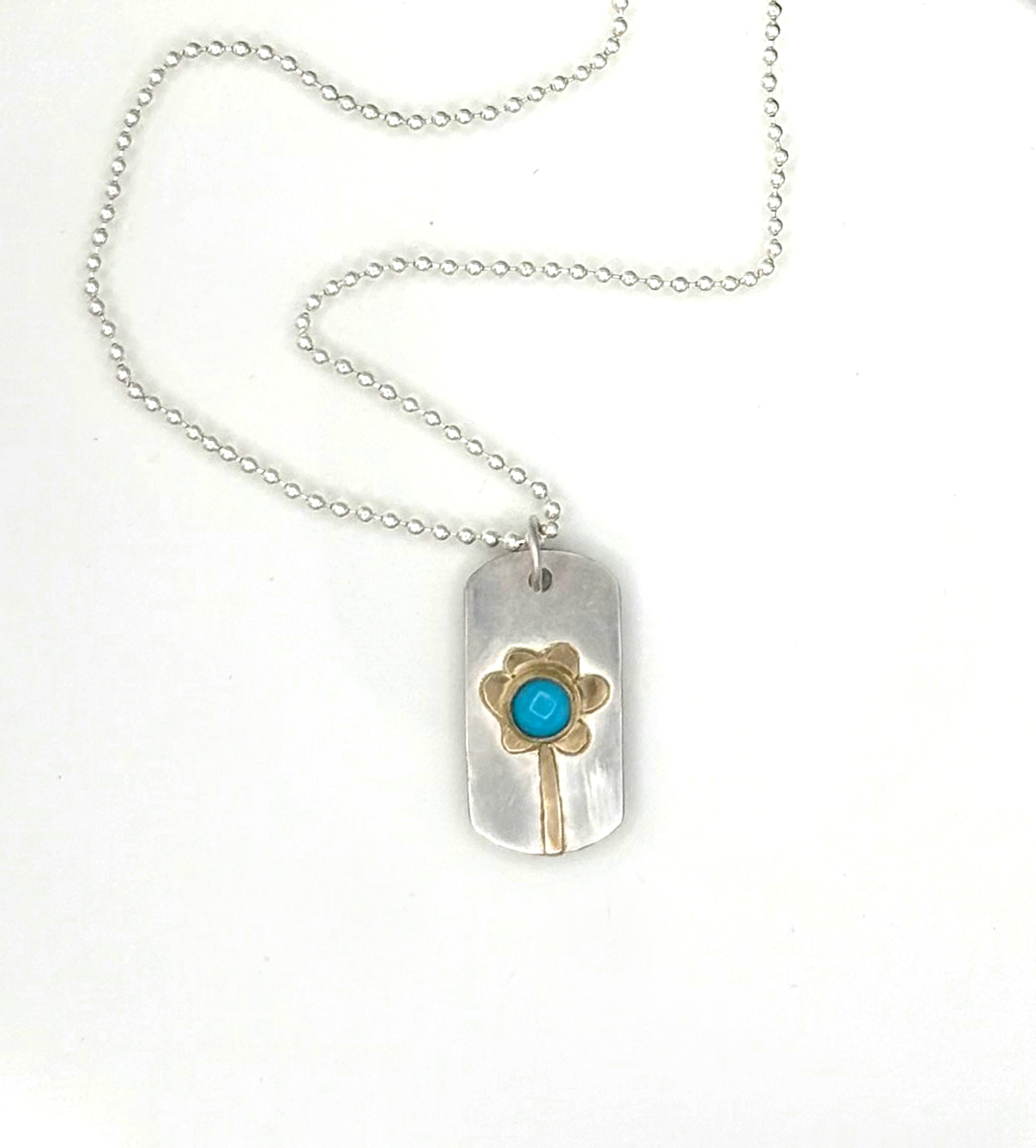 Turquoise Flower Dog Tag Pendant Necklace, 14K Solid Gold and Sterling Silver