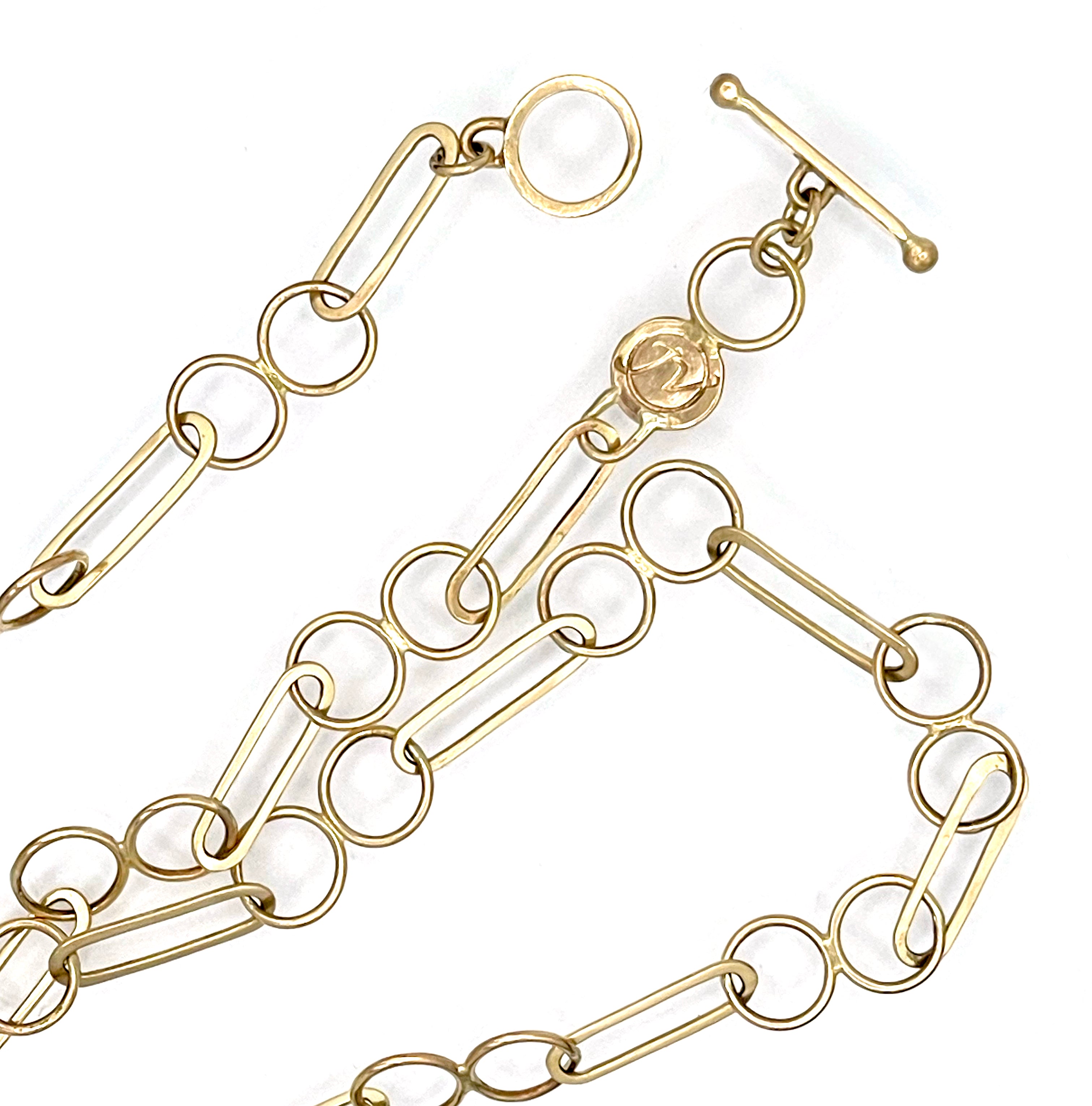 14K Solid Yellow Gold Chunky link Chain with Toggle Clasp, Handmade, One of a kind Trombone Chain