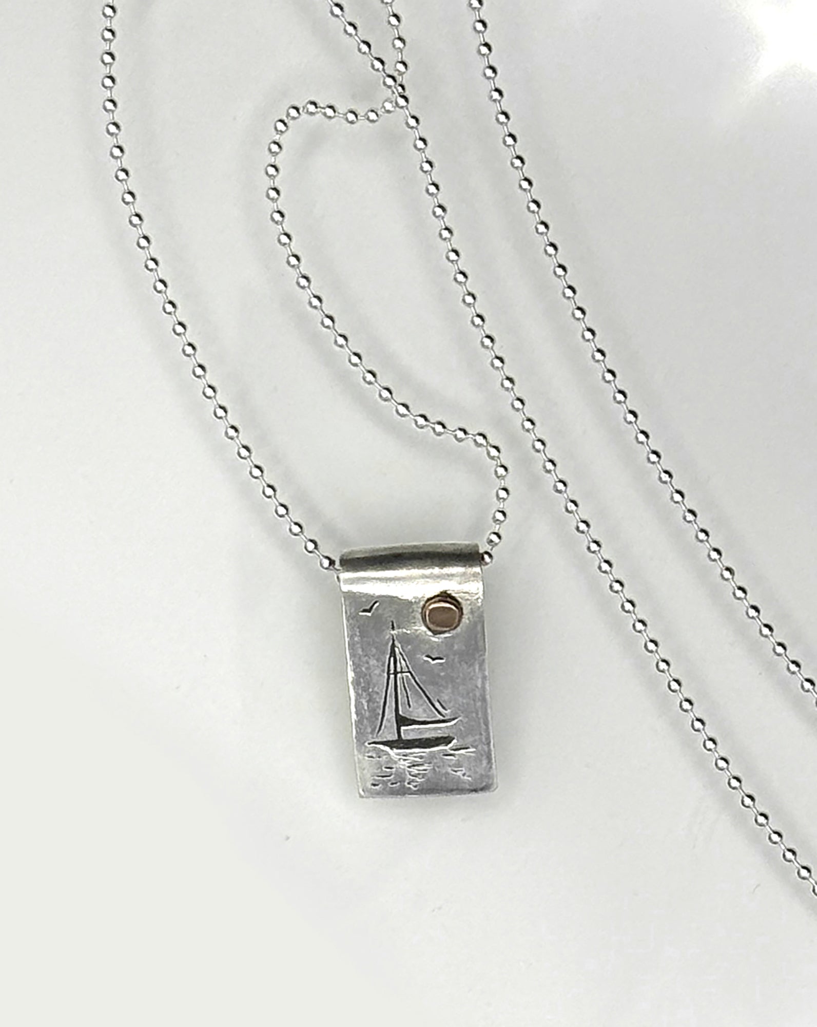 Come Sail With Me Necklace, Sailboat Pendant in 999 Fine Silver and 14K Solid Yellow Gold, with sterling ball chain, One of a Kind