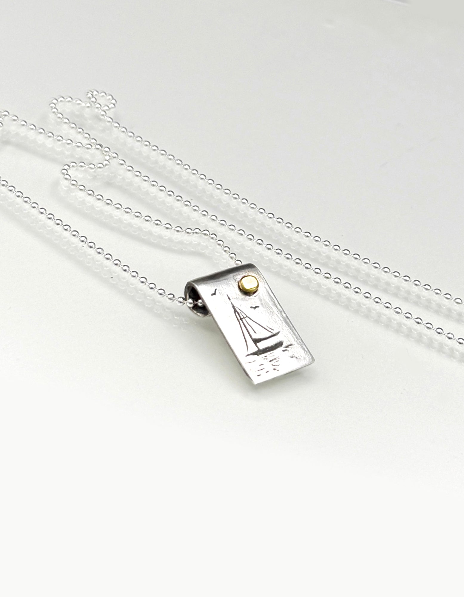 Come Sail With Me Necklace, Sailboat Pendant in 999 Fine Silver and 14K Solid Yellow Gold, with sterling ball chain, One of a Kind