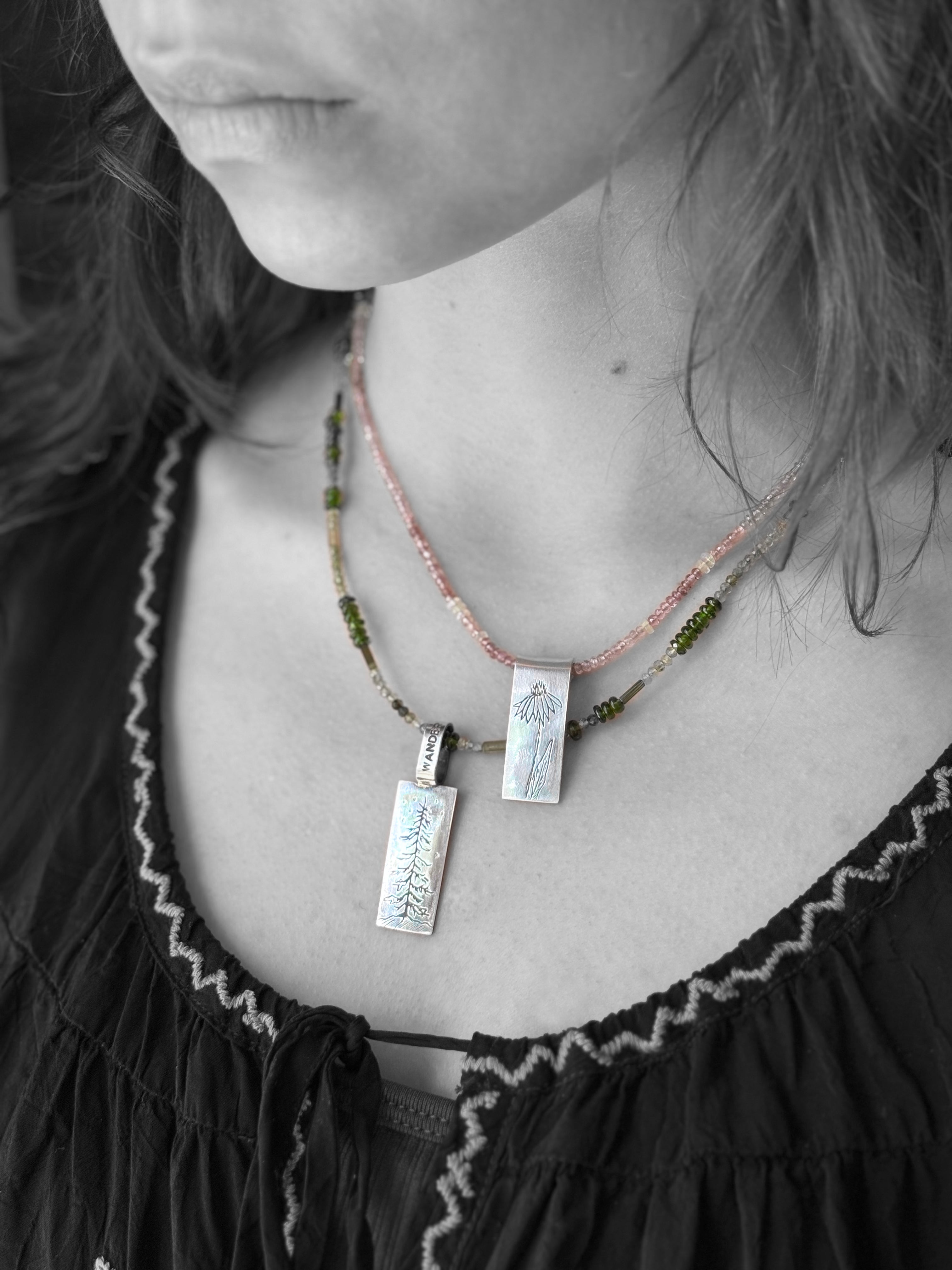 Forest Pine Tree Necklace in Fine Silver, with Chrome Diopside and Tourmaline Chain, One of a Kind