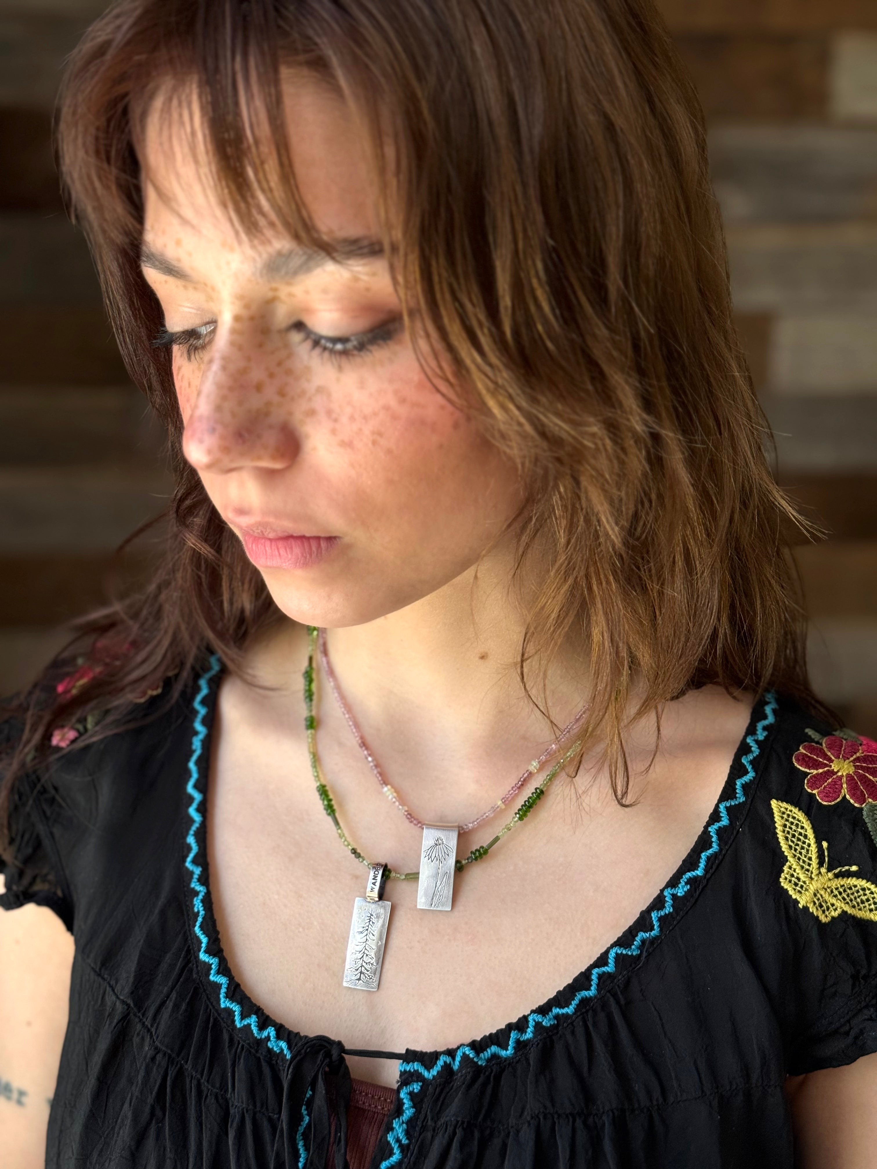 Forest Pine Tree Necklace in Fine Silver, with Chrome Diopside and Tourmaline Chain, One of a Kind